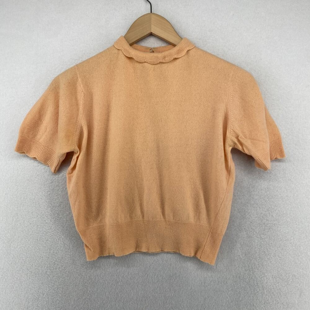 HADLEY Sweater Womens XS Cashmere Scallop Mock Neck Short Sleeve Crop Orange VTG